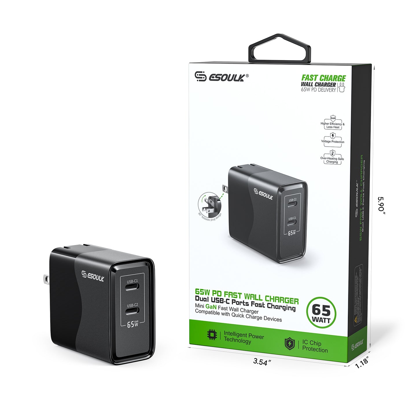 Black 65W GaN Dual USB-C Wall Charger