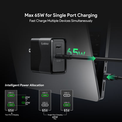Black 65W GaN Dual USB-C Wall Charger