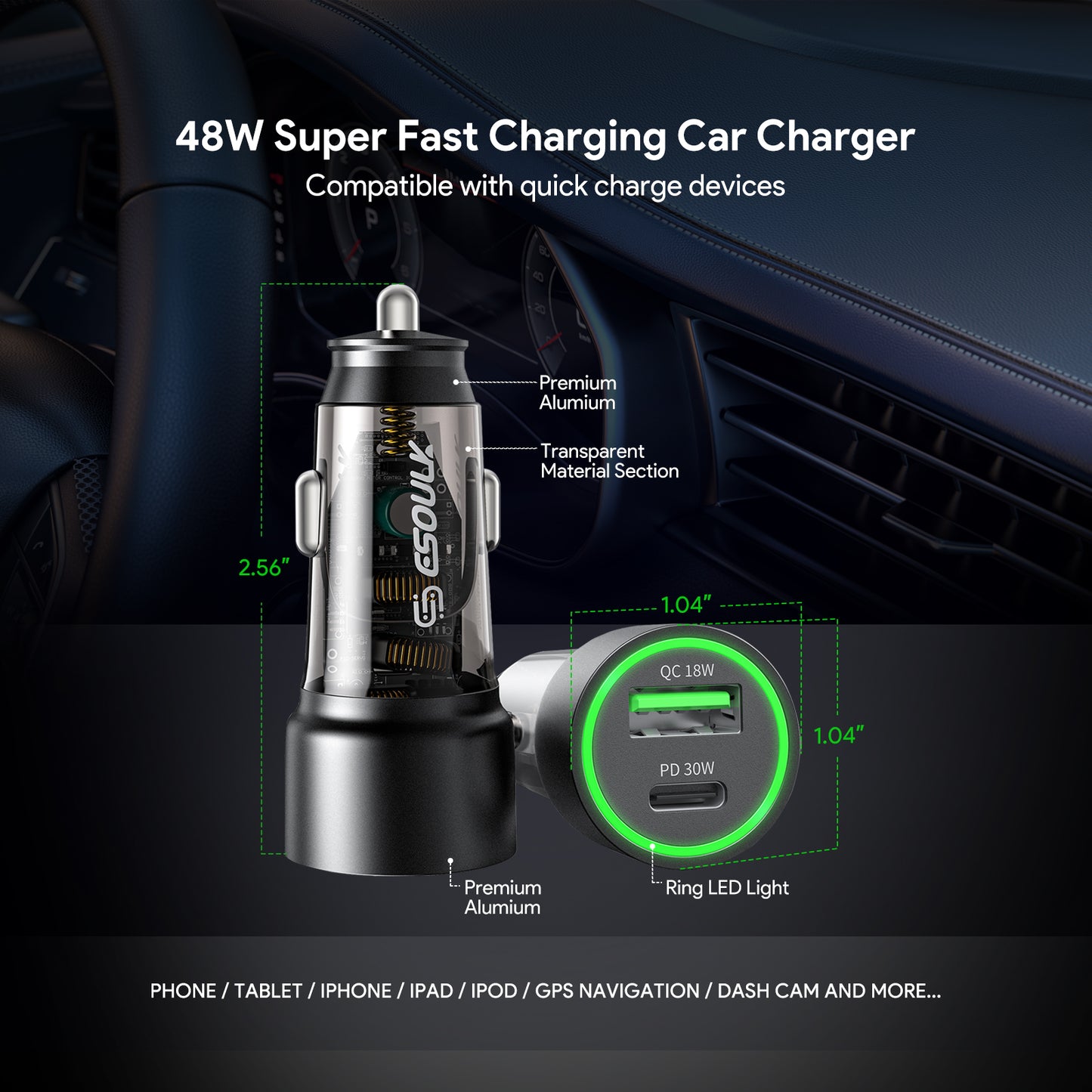 Black PD30W + QC18W Car Charger