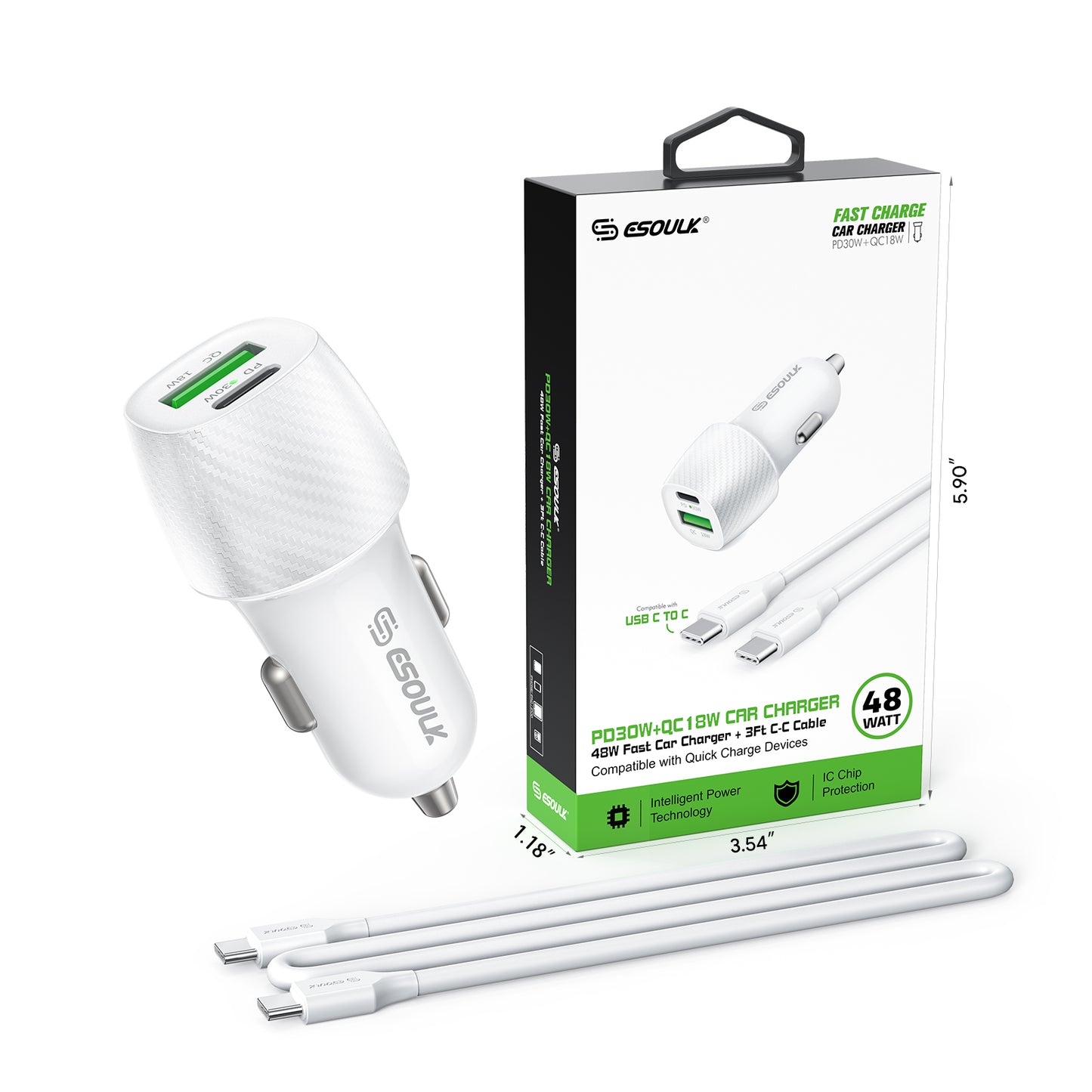 White 48W PD&QC CAR CHARGER +3FT USB-C TO USB-C CABLE