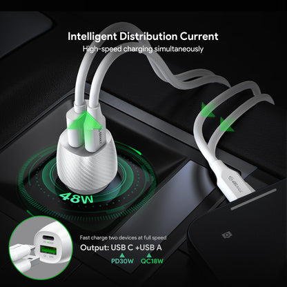 White 48W PD&QC CAR CHARGER +3FT USB-C TO USB-C CABLE