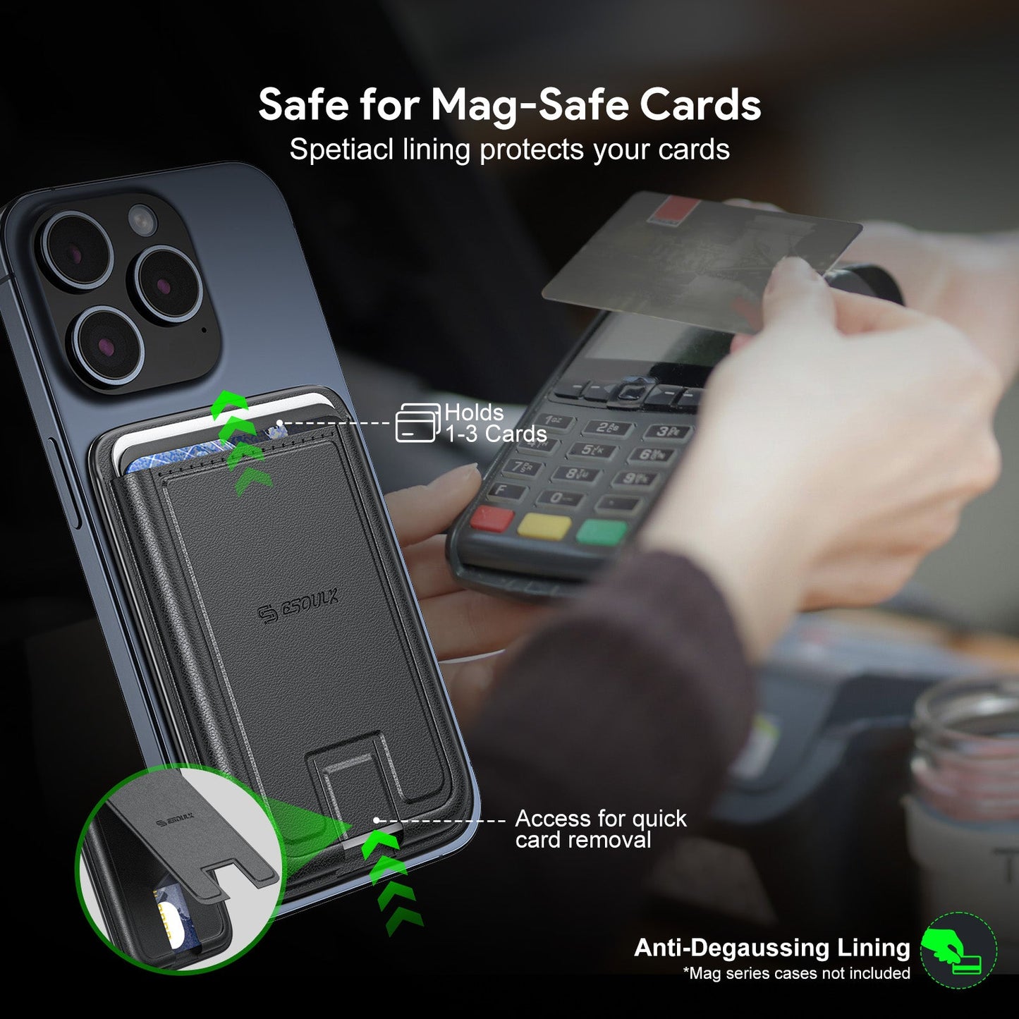 BLACK MAGNETIC WALLET WITH FOLDABLE STAND