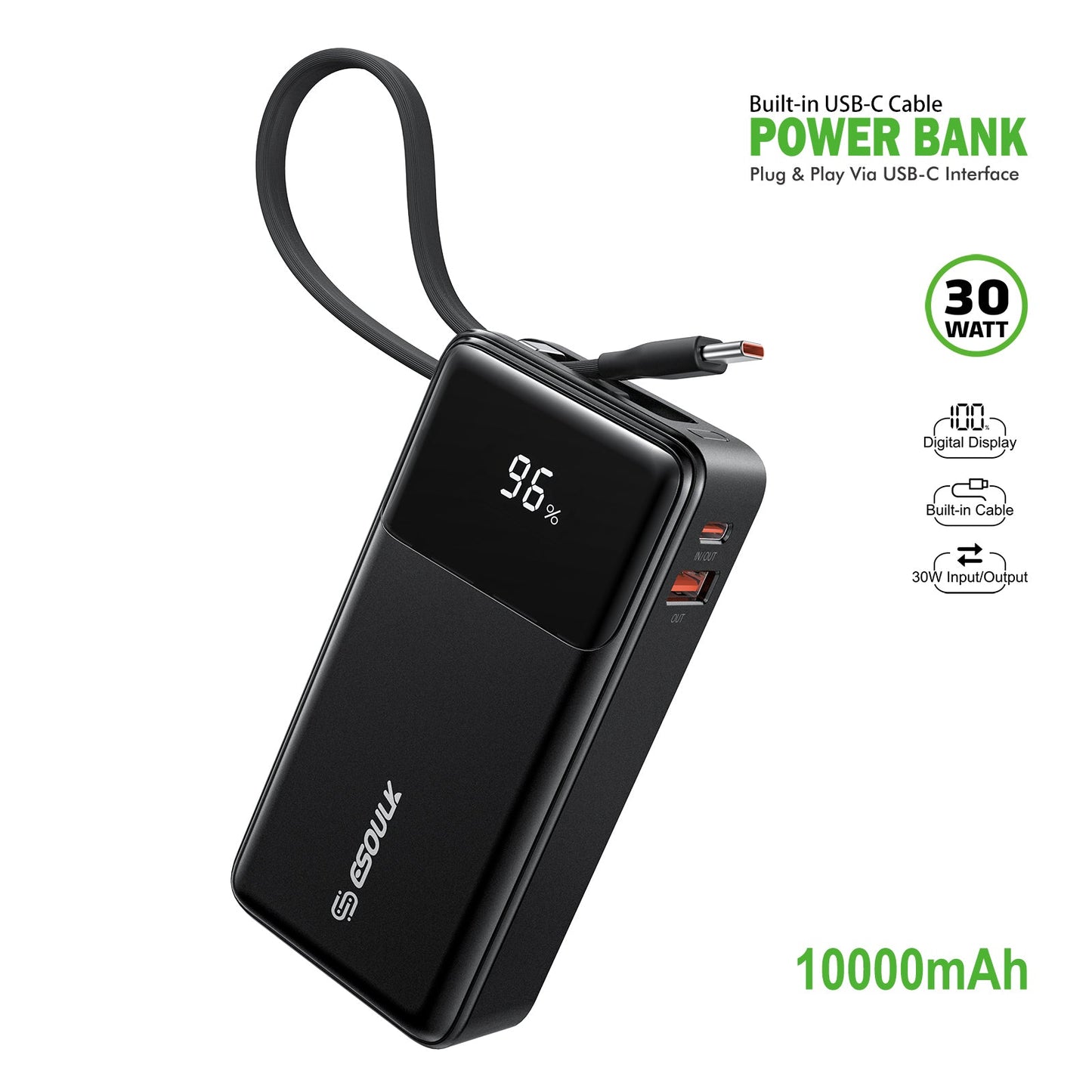 10000mah 30W Bulit-In USB-C Cable Power Bank
