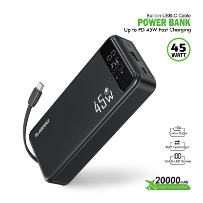 20000mAh PD 45W Built-in USB-C Cable Power Bank
