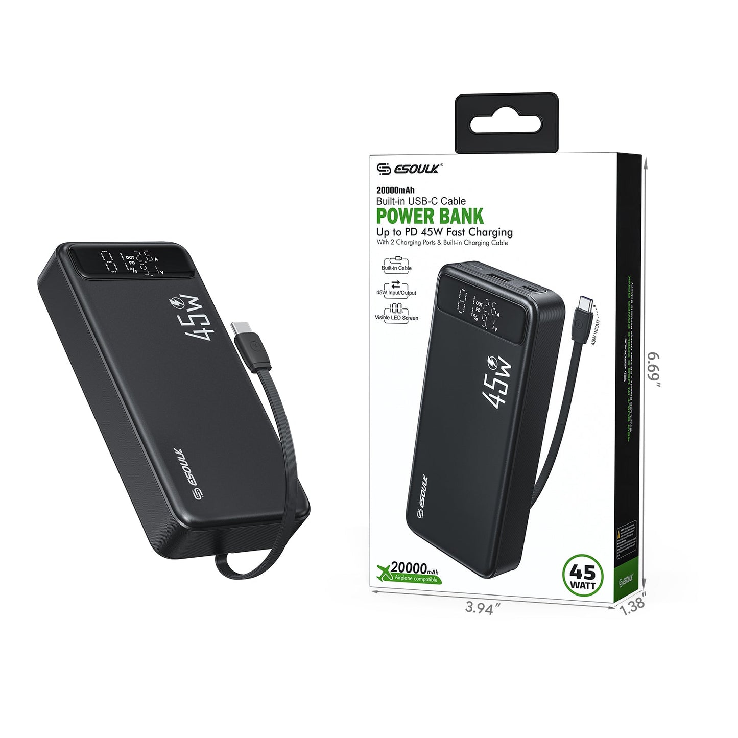 20000mAh PD 45W Built-in USB-C Cable Power Bank