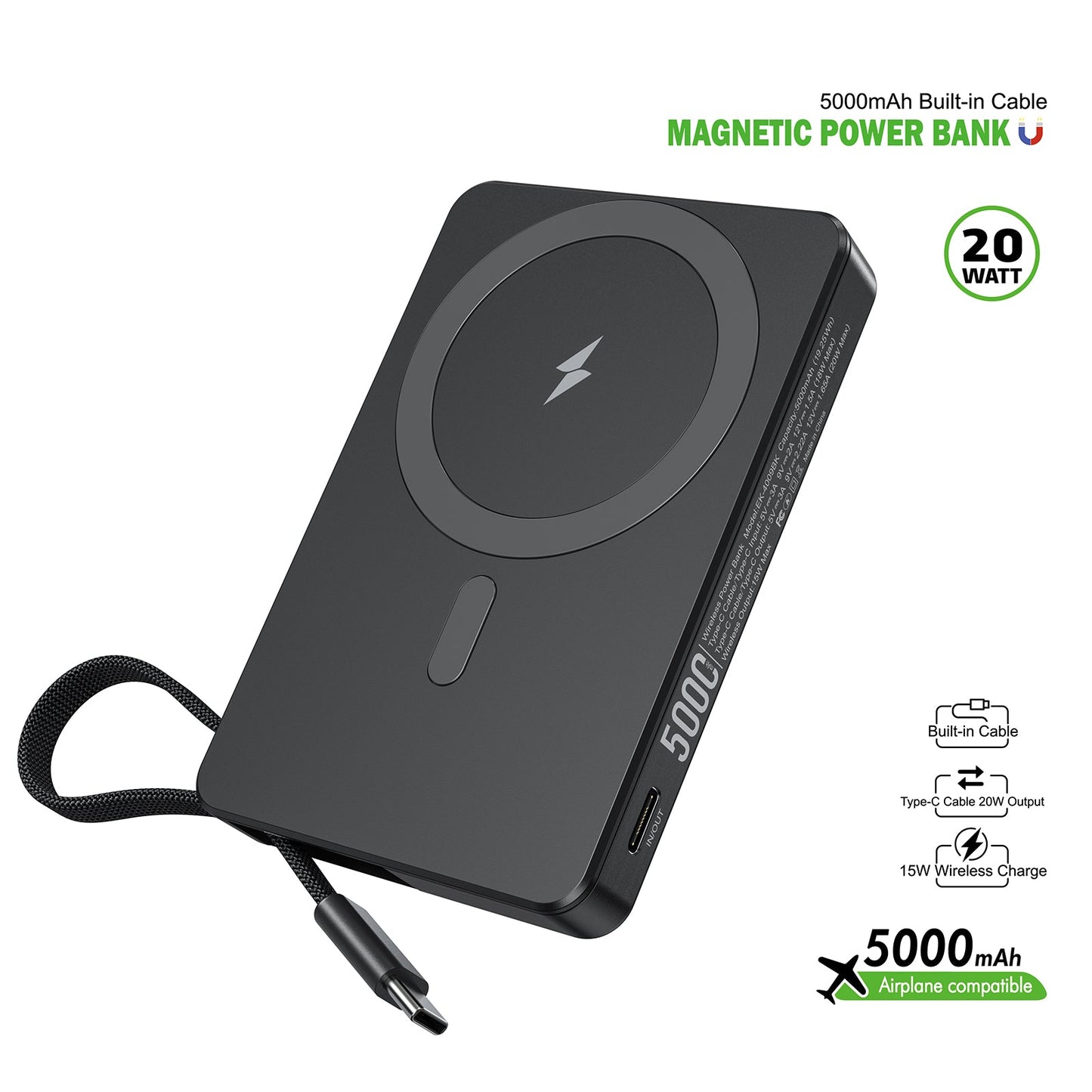 5000mAh Built-In Cable Magnetic Power Bank