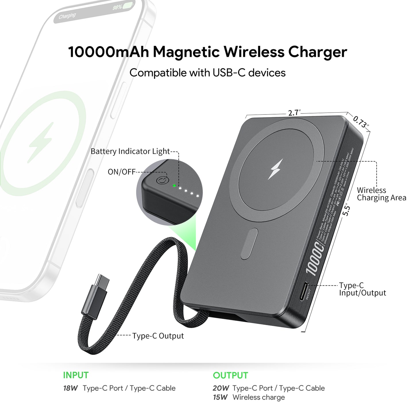 10000mAh Built-In Cable Magnetic Power Bank