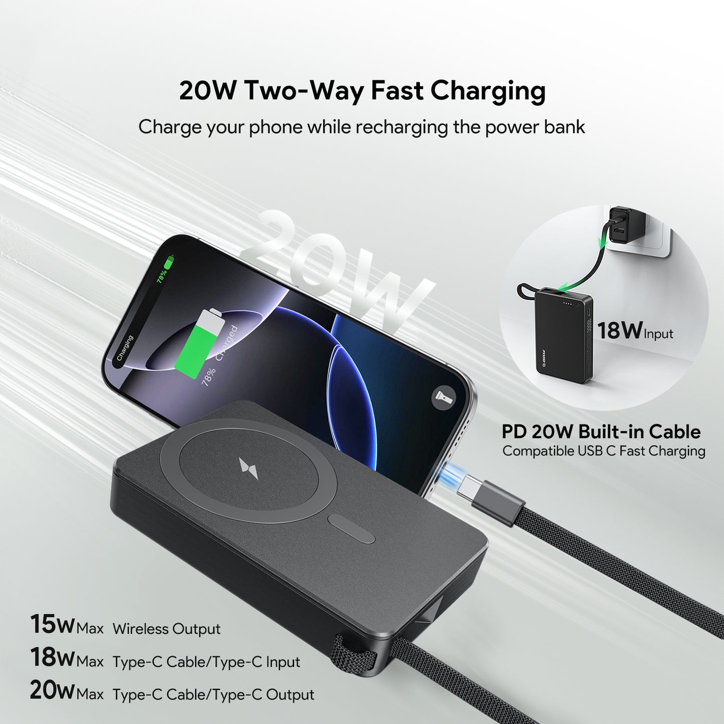 10000mAh Built-In Cable Magnetic Power Bank