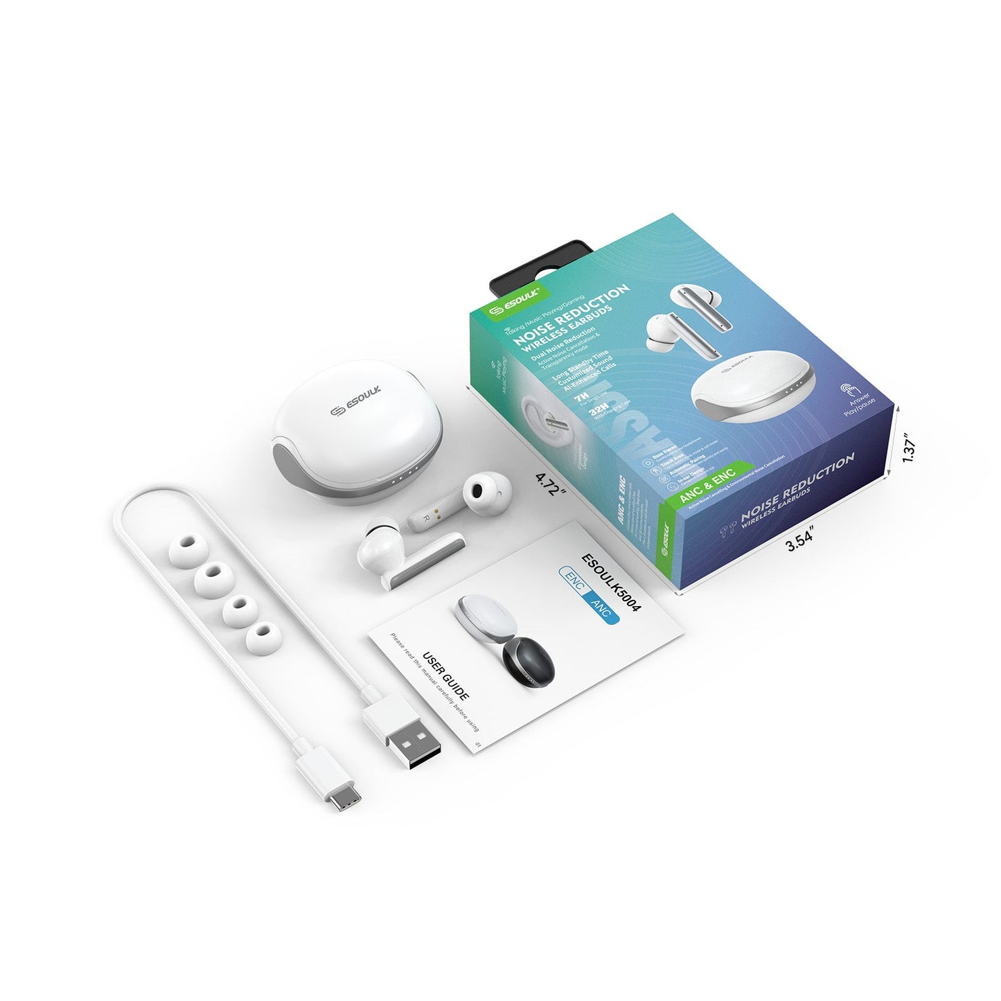 Noise Reduction Wireless Earbuds WHITE