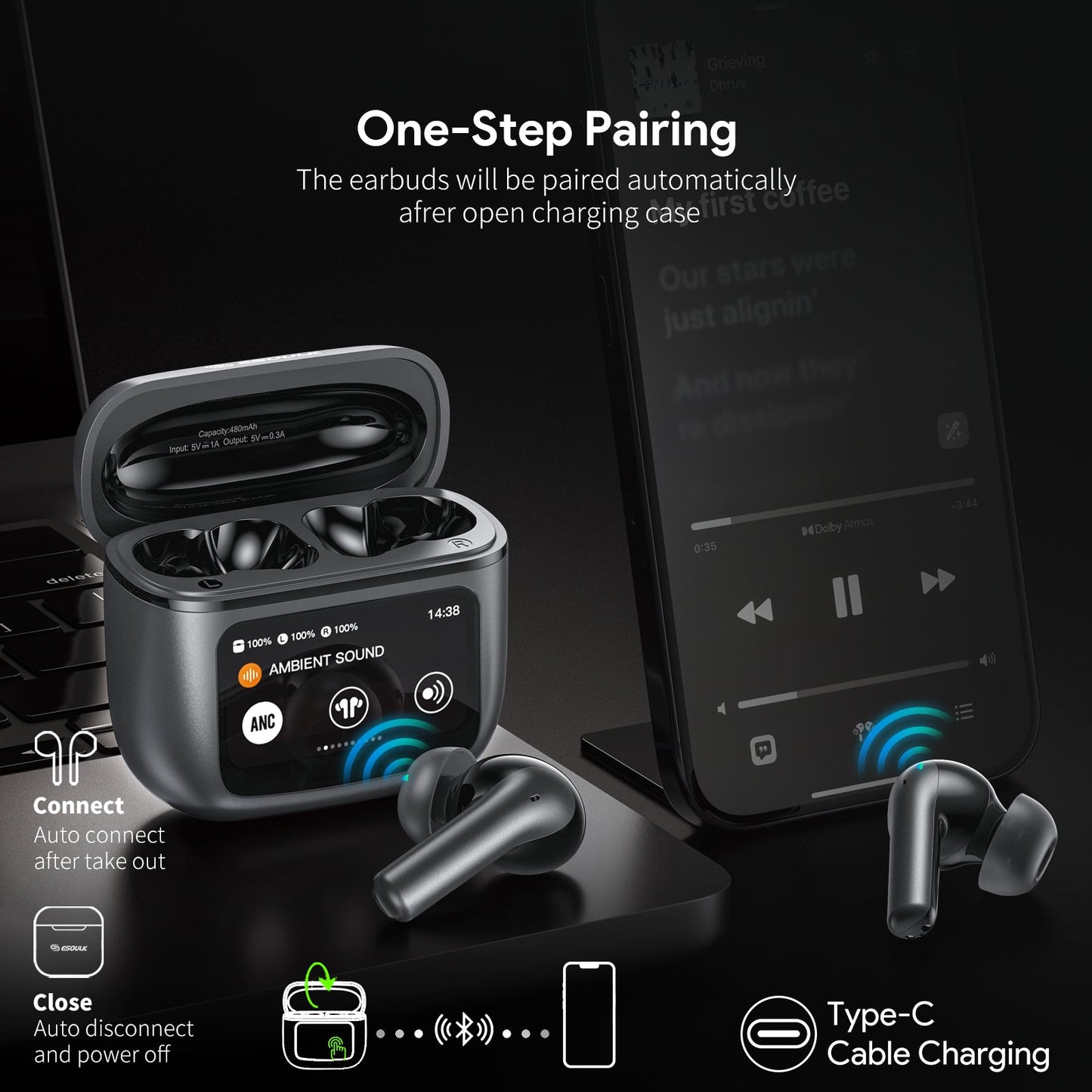 Touch Screen ANC&ENC Wireless Earbuds