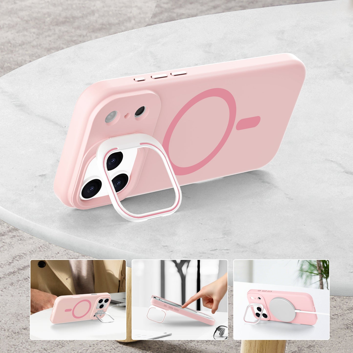 Pink Silicone Camera Kickstand with Magnetic Compatibility for iPhone 17 Air with package