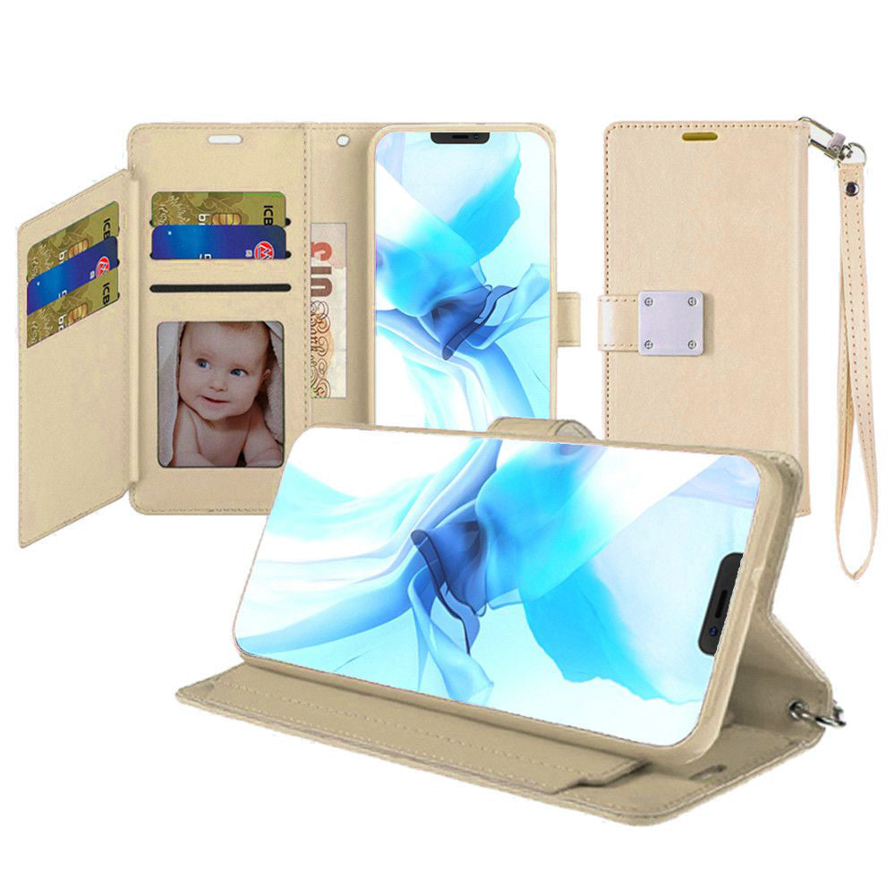iPhone 12 PRO MAX 6.7 Lux Multi Card Wallet With Strap Gold