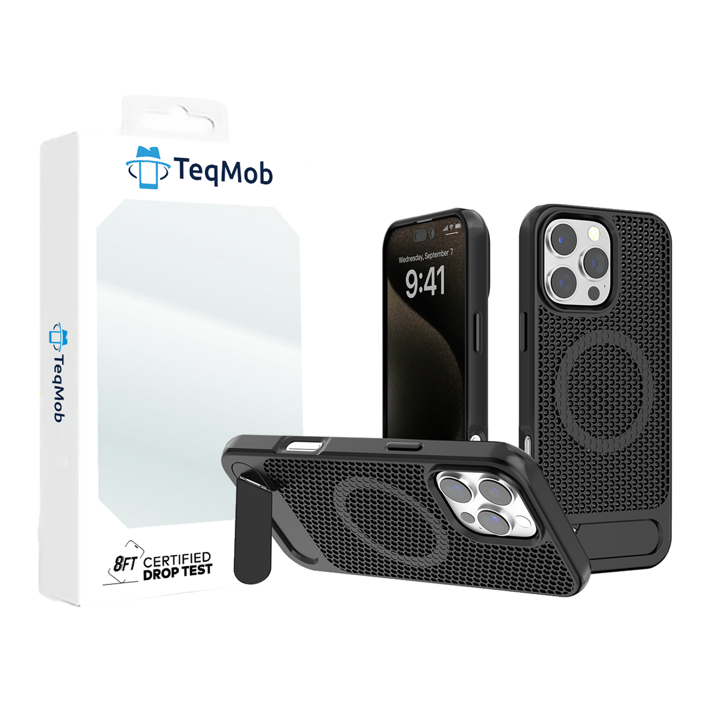 Black Grid Case with Built-In Kickstand and Magnetic Compatibility for iPhone 16 Pro with package