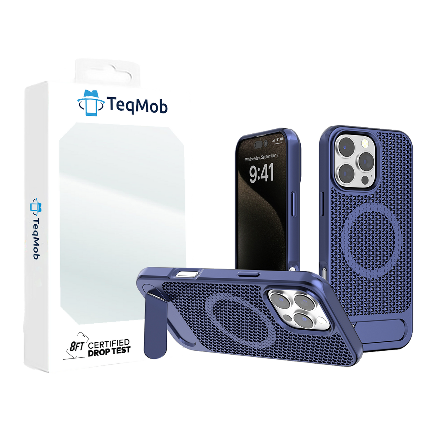 Blue Grid Case with Built-In Kickstand and Magnetic Compatibility for iPhone 16 Plus with package