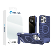 Blue Grid Case with Built-In Kickstand and Magnetic Compatibility for iPhone 16 Plus with package