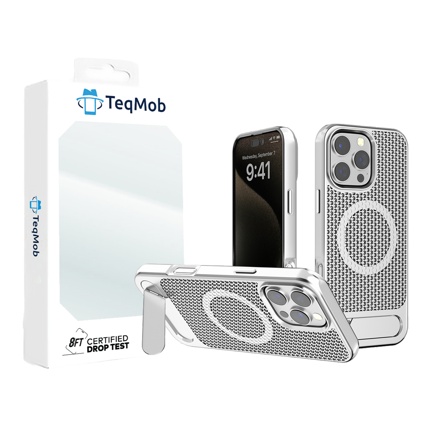Silver Grid Case with Built-In Kickstand and Magnetic Compatibility for iPhone 15 Plus / 14 Plus with package