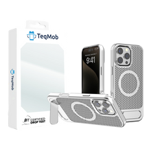 Silver Grid Case with Built-In Kickstand and Magnetic Compatibility for iPhone 15 Plus / 14 Plus with package