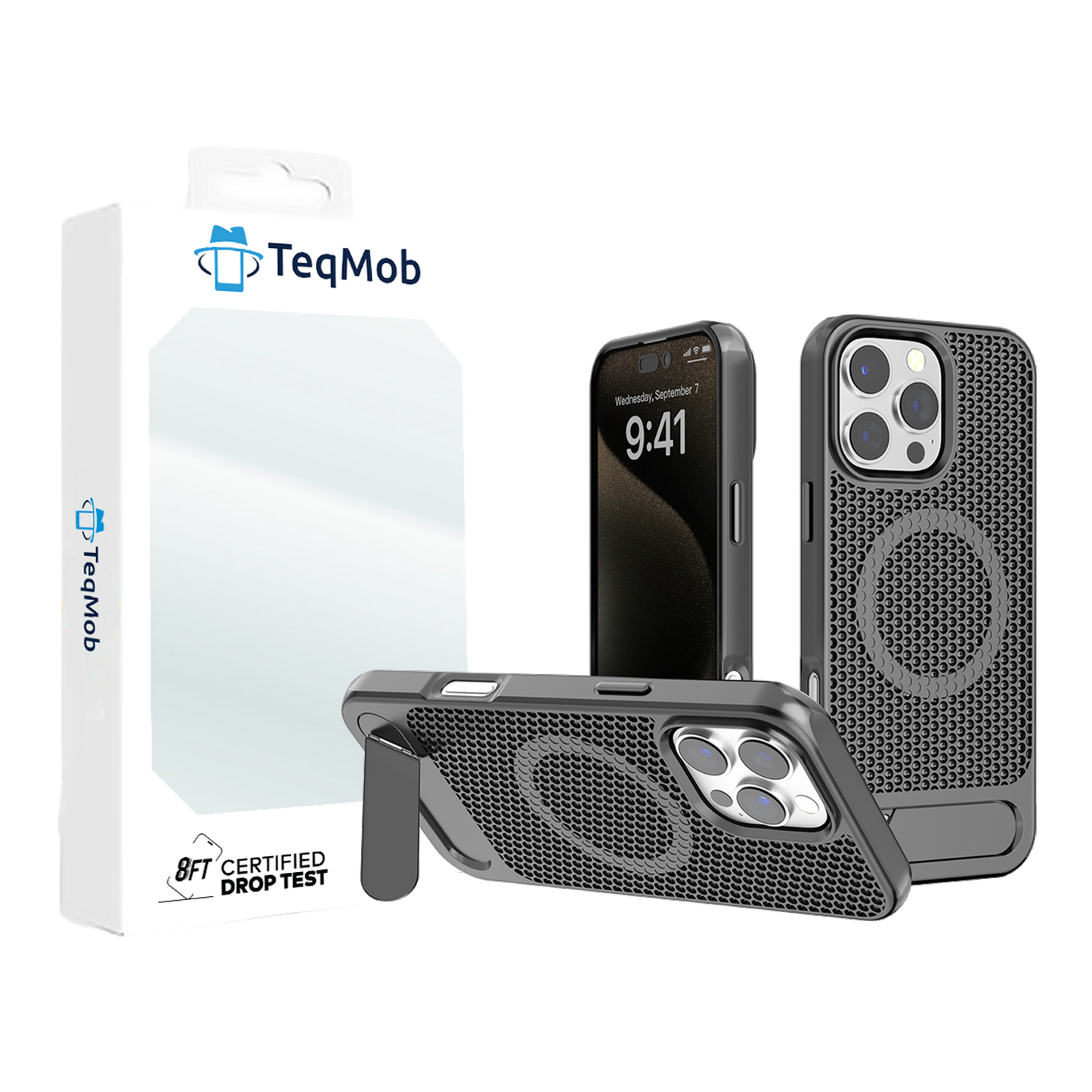 Gray Grid Case with Built-In Kickstand and Magnetic Compatibility for iPhone 15 Pro with package