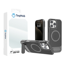 Gray Grid Case with Built-In Kickstand and Magnetic Compatibility for iPhone 15 Pro Max with package