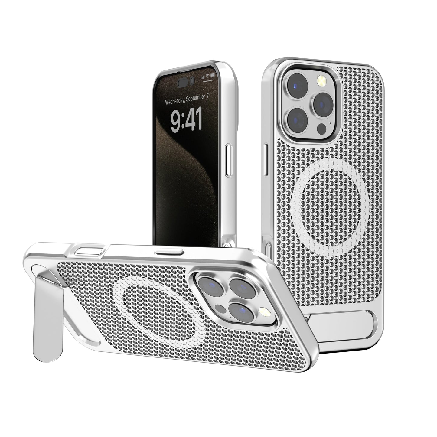 Silver Grid Case with Built-In Kickstand and Magnetic Compatibility for iPhone 15 / 14 / 13