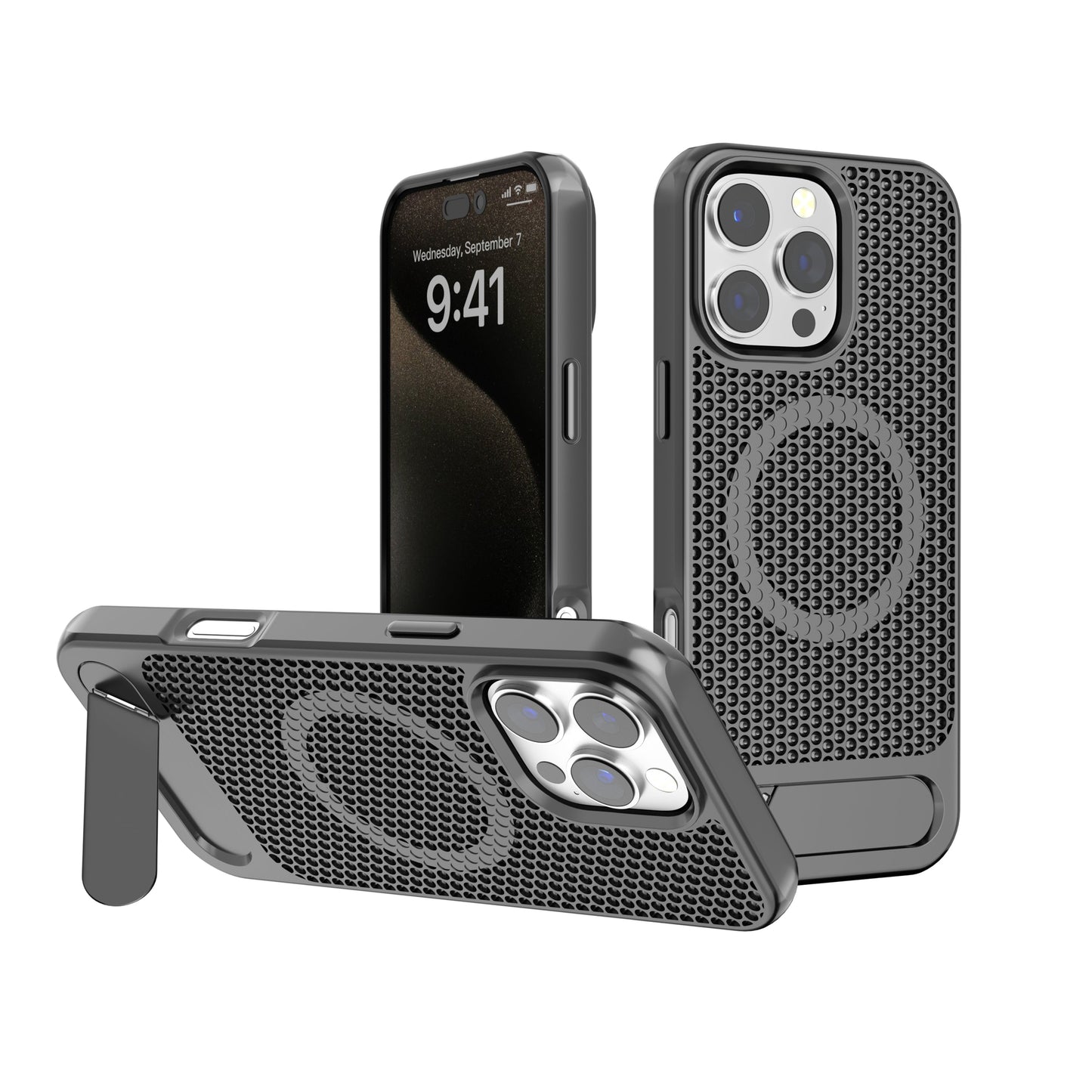 Gray Grid Case with Built-In Kickstand and Magnetic Compatibility for iPhone 16 Plus