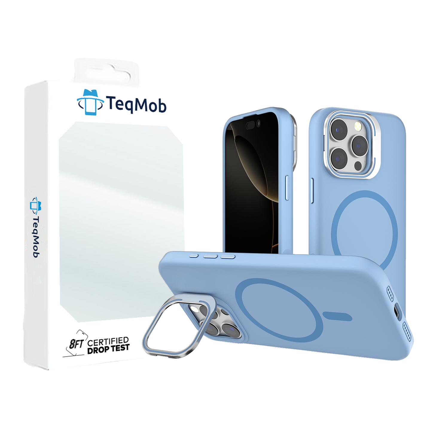 Light Blue Silicone Camera Kickstand with Magnetic Compatibility for iPhone 16 Plus with package