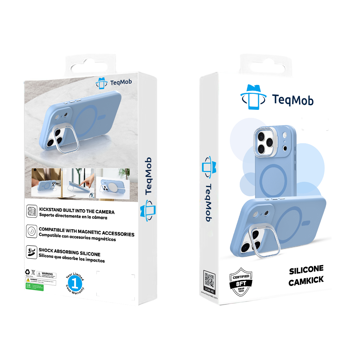 Light Blue Silicone Camera Kickstand with Magnetic Compatibility for iPhone 17 Pro with package