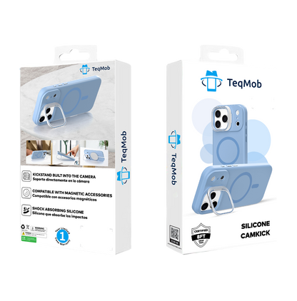 Light Blue Silicone Camera Kickstand with Magnetic Compatibility for iPhone 17 6.1 with package