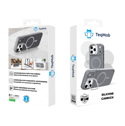 Gray Silicone Camera Kickstand with Magnetic Compatibility for iPhone 17 Pro Max with package