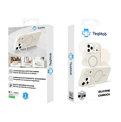 Off-White Silicone Camera Kickstand with Magnetic Compatibility for iPhone 17 Pro with package