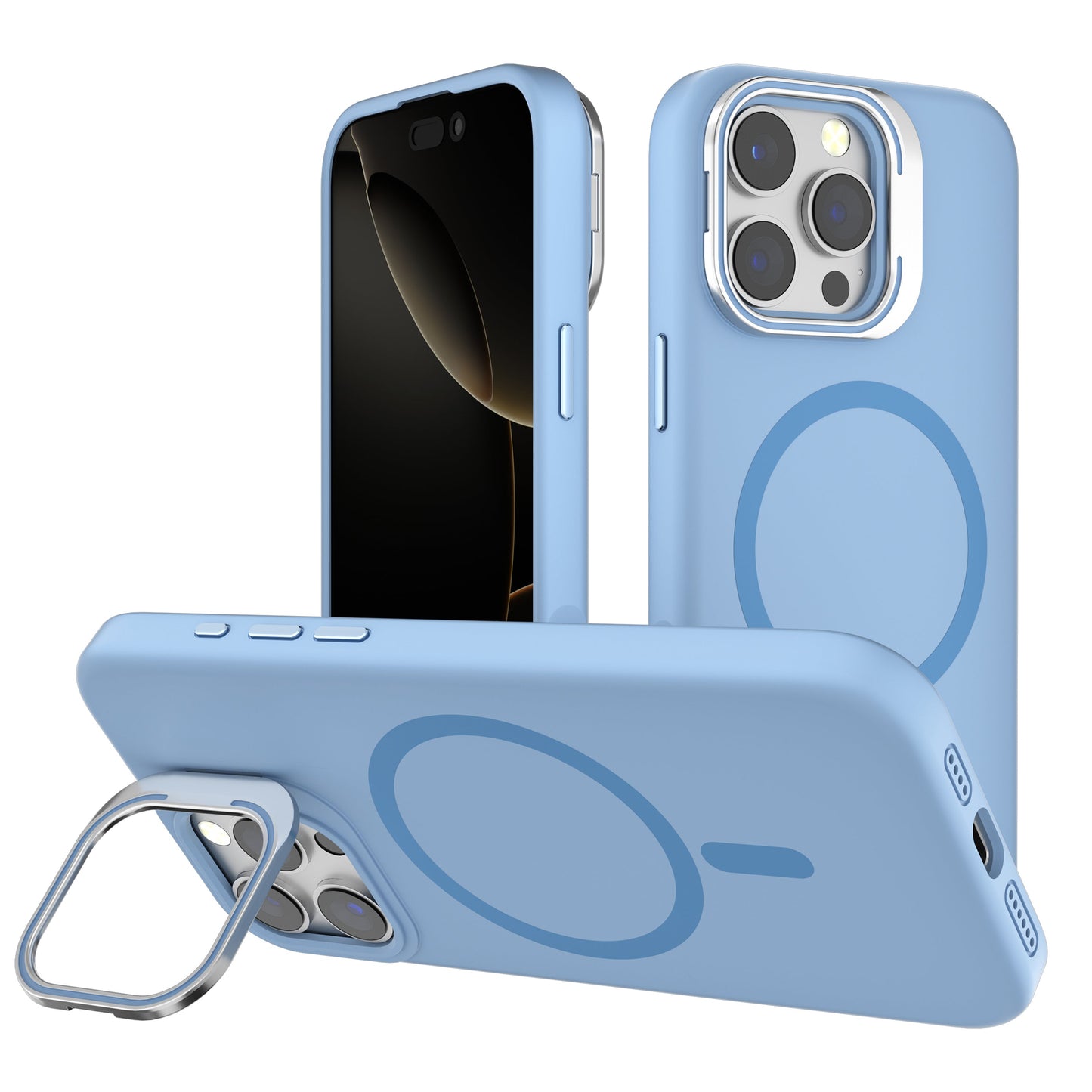 Light Blue Silicone Camera Kickstand with Magnetic Compatibility for iPhone 15 Pro Max