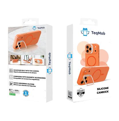 Orange Silicone Camera Kickstand with Magnetic Compatibility for iPhone 17 Pro with package