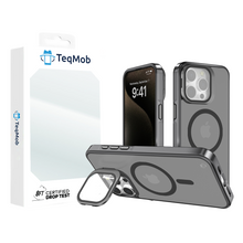 Gray Smoked Camera Kickstand Case with Built-In Glass Camera protector and Magnetic Compatibility for iPhone 15 Pro with package