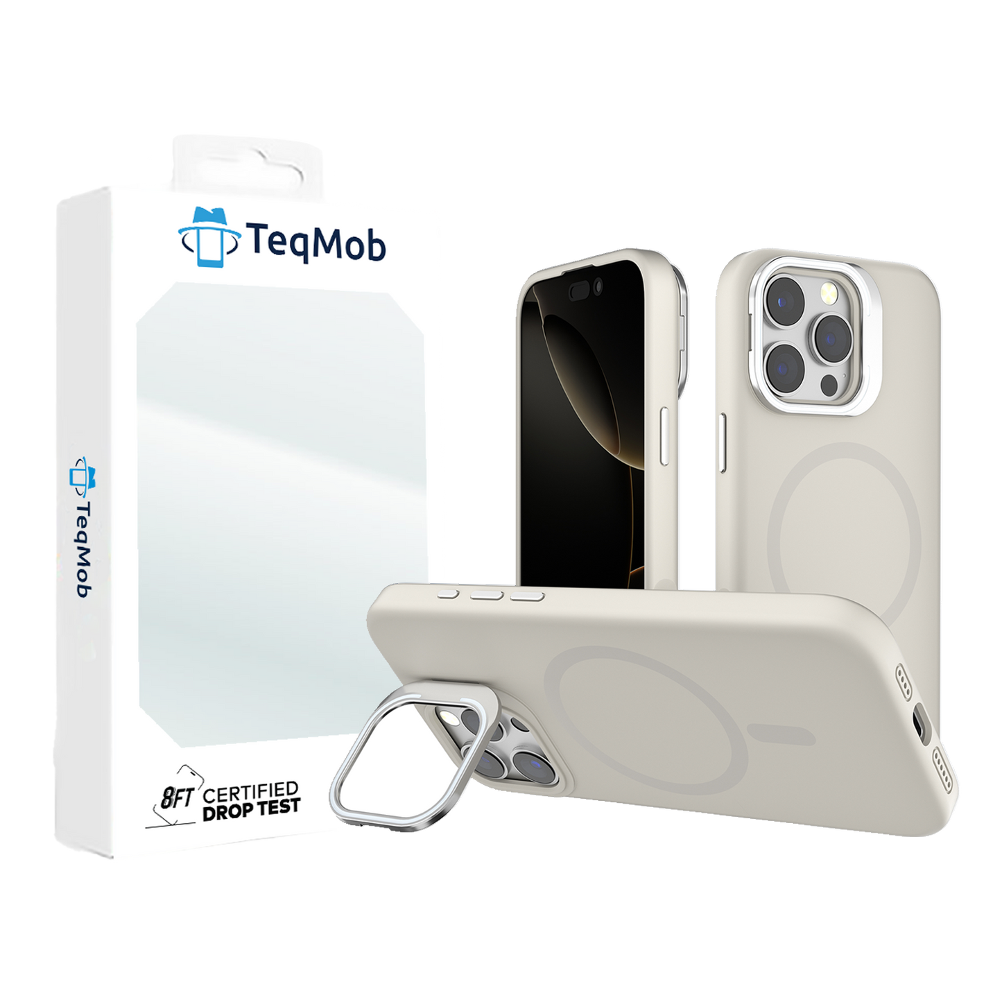 Off-White Silicone Camera Kickstand with Magnetic Compatibility for iPhone 16 Pro with package