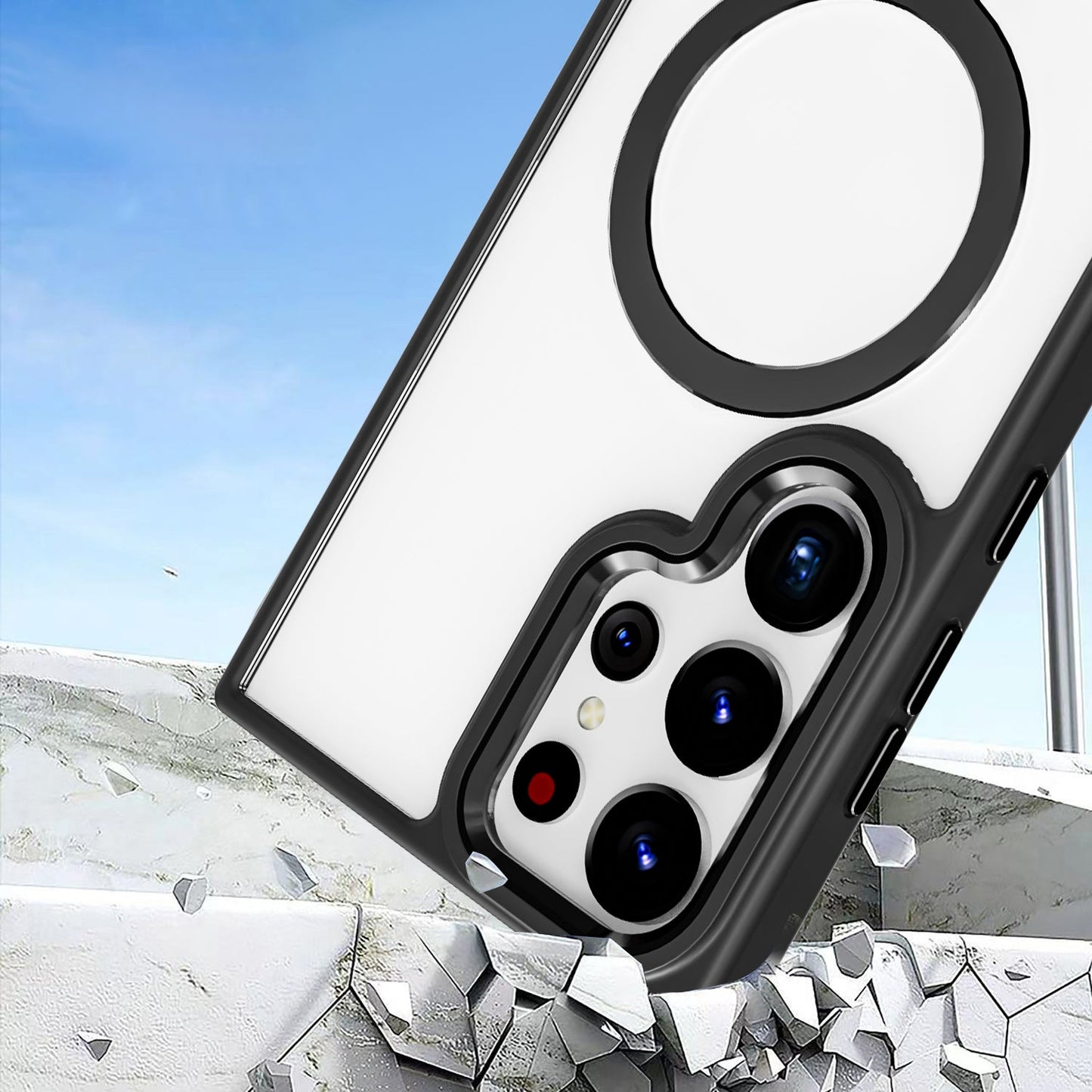 Clear Black Frame Kickstand with Magnetic Compatibility for Samsung Galaxy S25 Plus with package